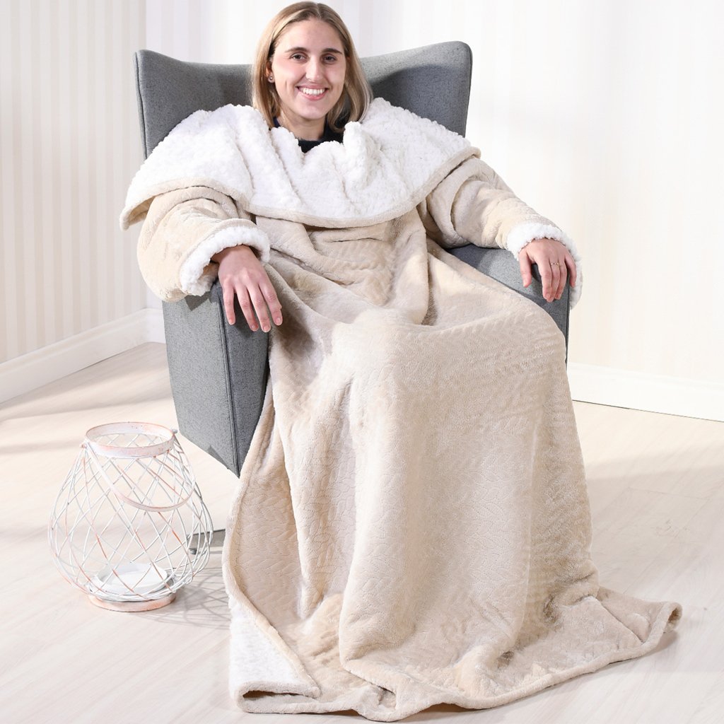 Manta com Mangas Dupla Face Toque Flannel + Sherpa Lã de Carneiro 135x170 Tessi Aveia