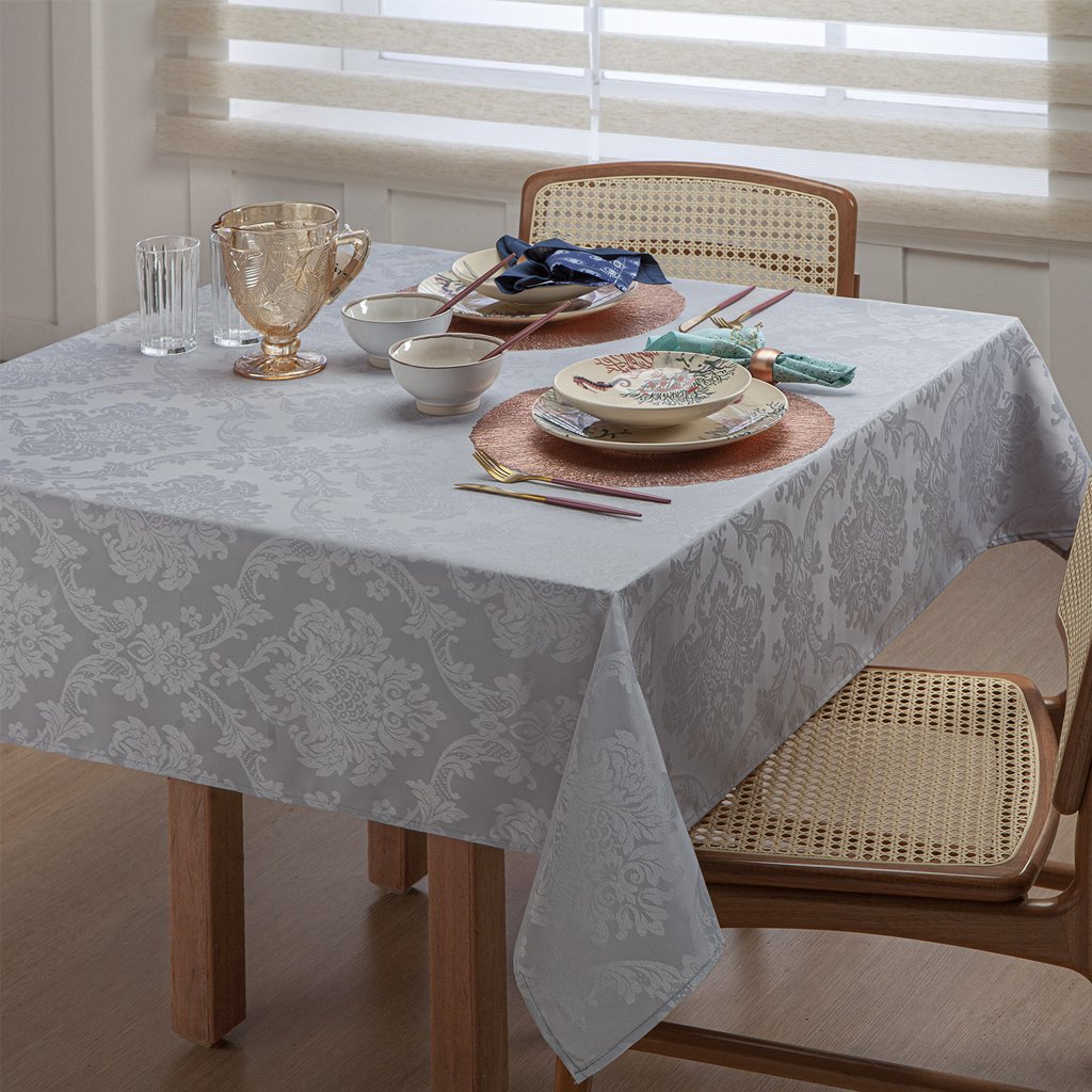 Toalha de Mesa 160x320 Damask Ligamento Cetim 12 Lugares Cinza