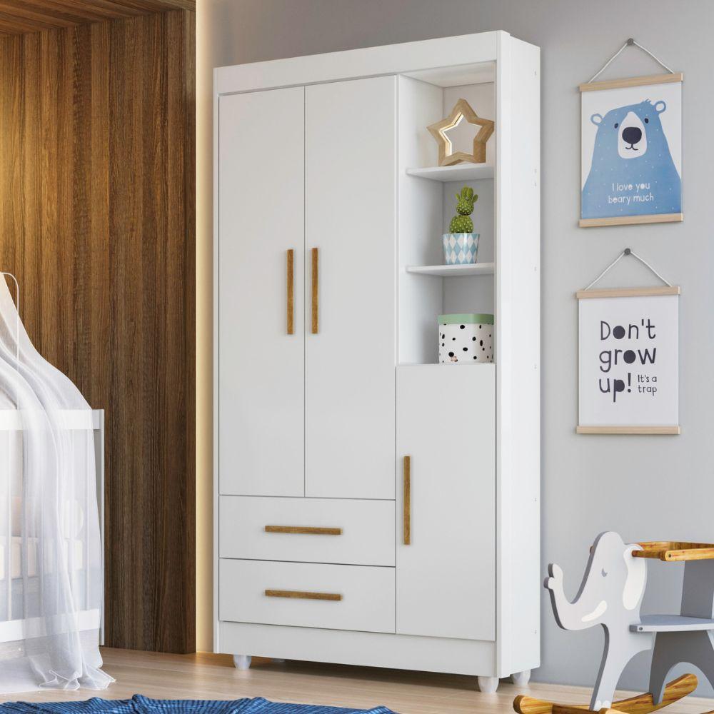 Guarda Roupa Roupeiro Infantil Flocos 3 Portas 2 Gavetas Tigus Baby Flex Branco Madeirado Ypê