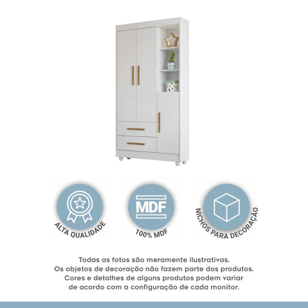 Guarda Roupa Roupeiro Infantil Flocos 3 Portas 2 Gavetas Tigus Baby Flex Branco Madeirado Ypê