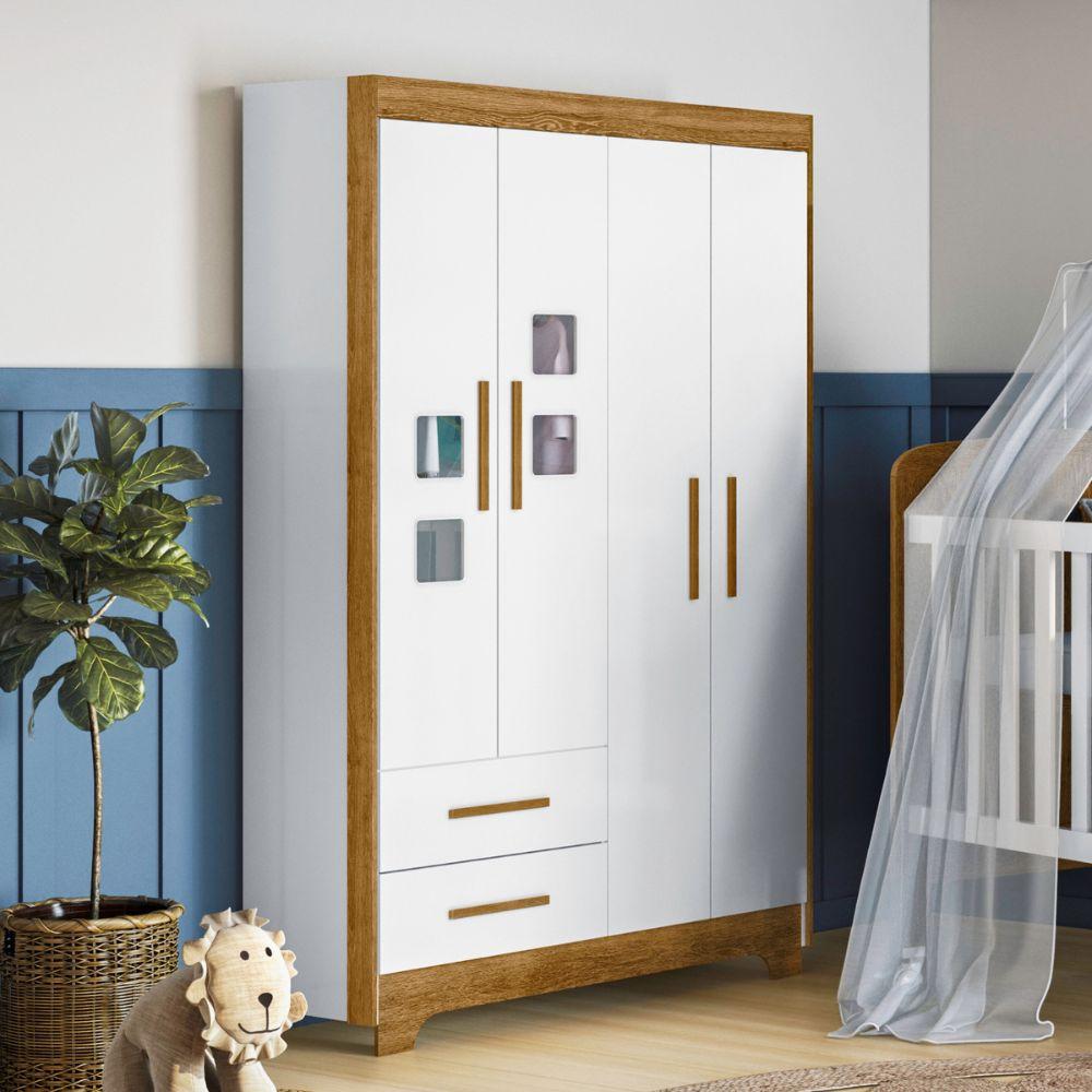 Guarda Roupa Roupeiro Infantil Fly 4 Portas 2 Gavetas Tigus Baby Flex Branco Madeirado Ypê