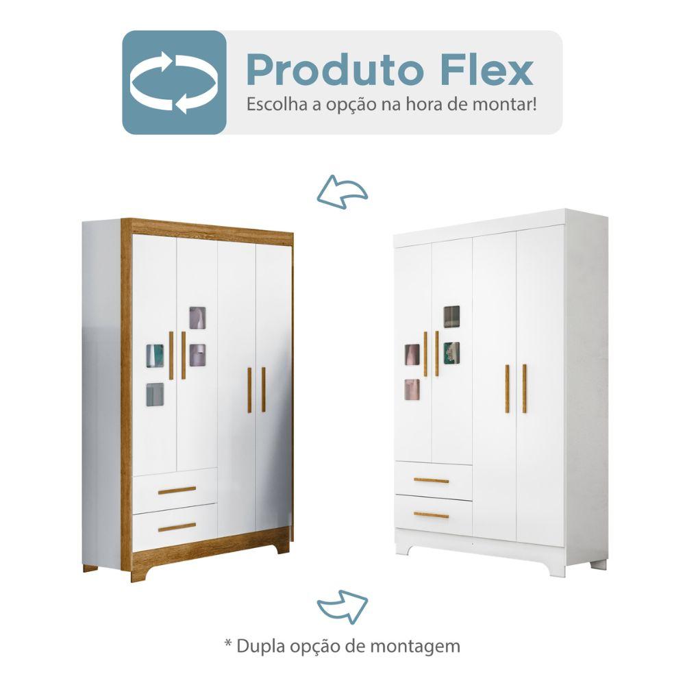 Guarda Roupa Roupeiro Infantil Fly 4 Portas 2 Gavetas Tigus Baby Flex Branco Madeirado Ypê
