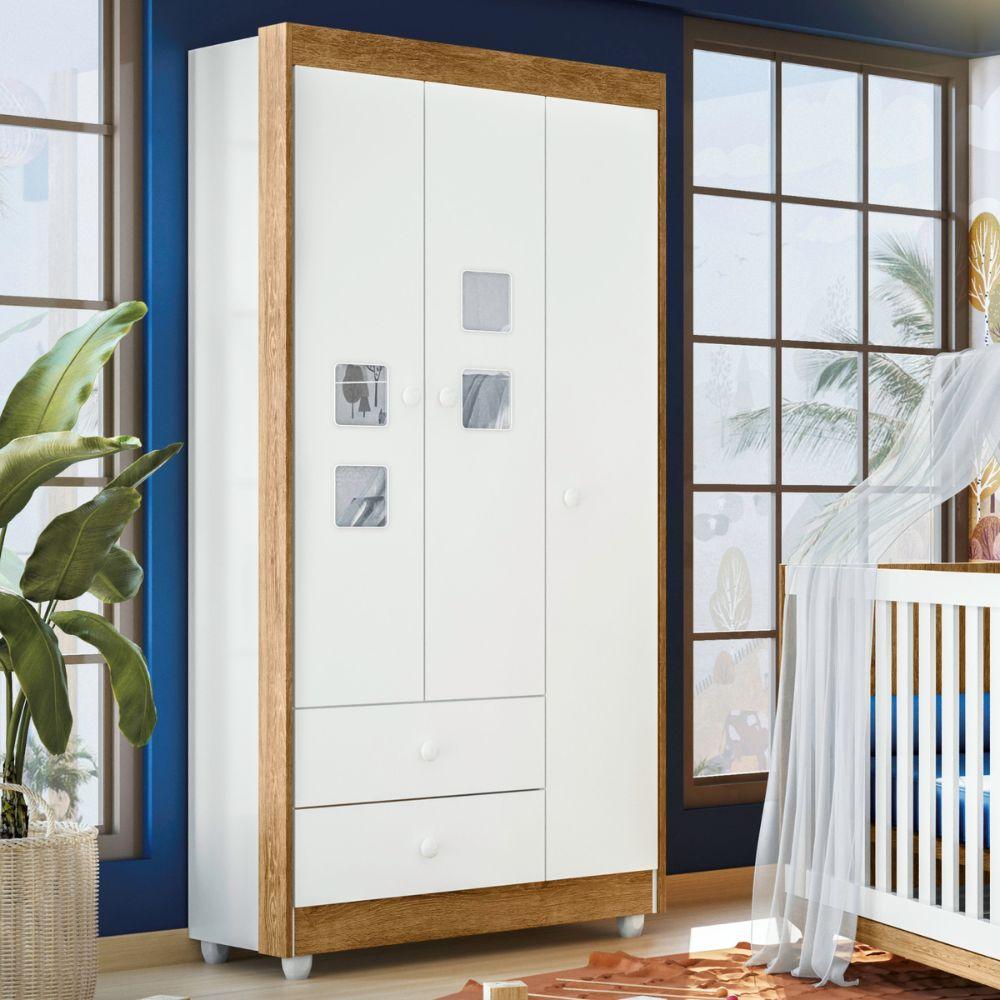Guarda Roupa Roupeiro Infantil Life 3 Portas 2 Gavetas Tigus Baby Branco Madeirado Ypê