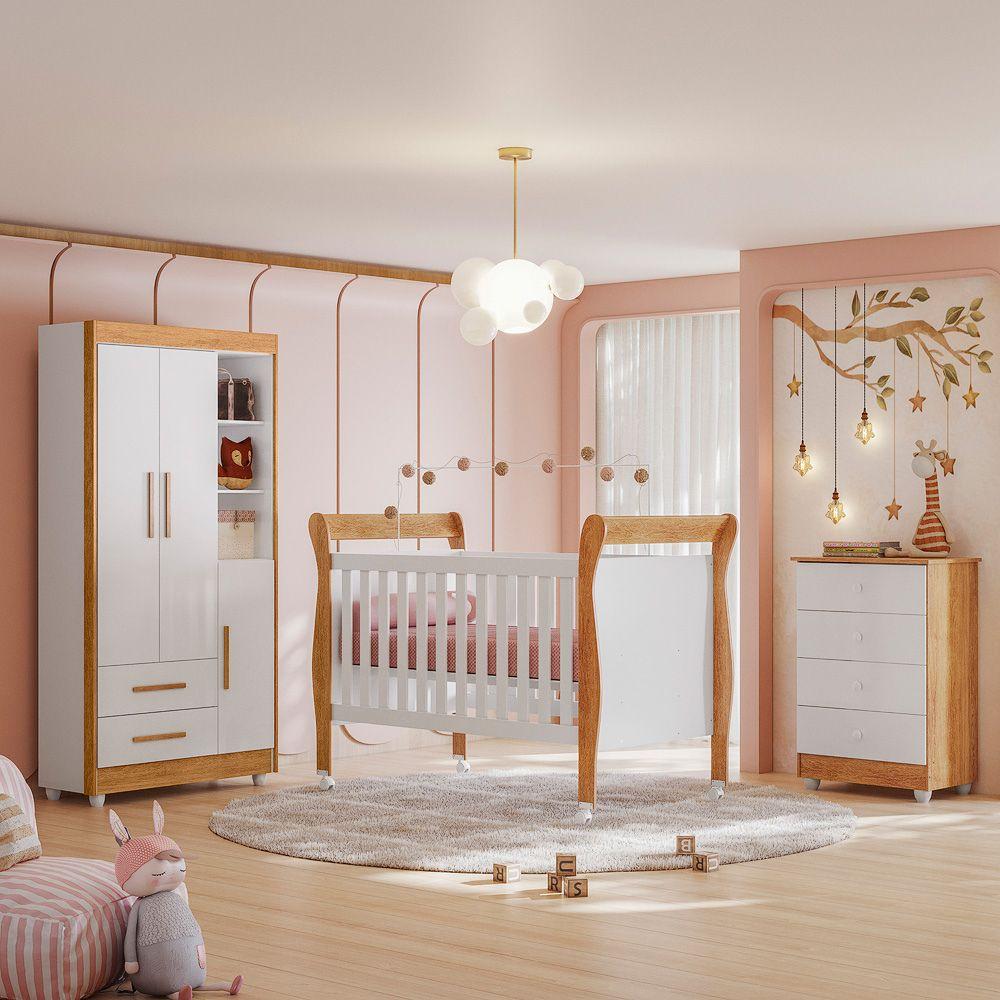 Quarto de Bebê Completo Zara com Berço Cômoda Guarda Roupa Tigus Baby Branco Amadeirado Ypê