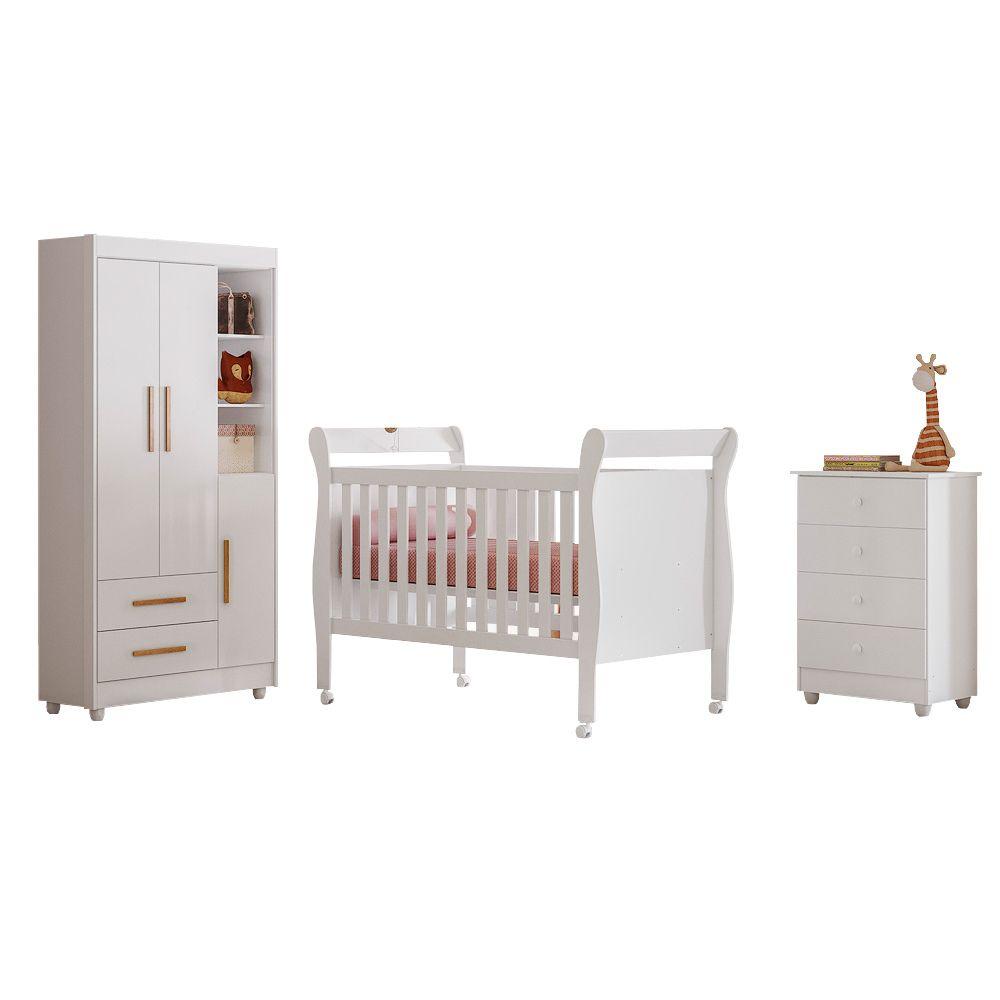 Quarto de Bebê Completo Zara com Berço com Colchão Cômoda Guarda Roupa Tigus Baby Branco