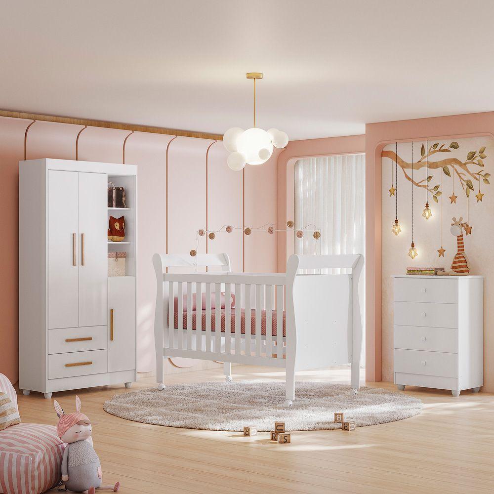 Quarto de Bebê Completo Zara com Berço com Colchão Cômoda Guarda Roupa Tigus Baby Branco