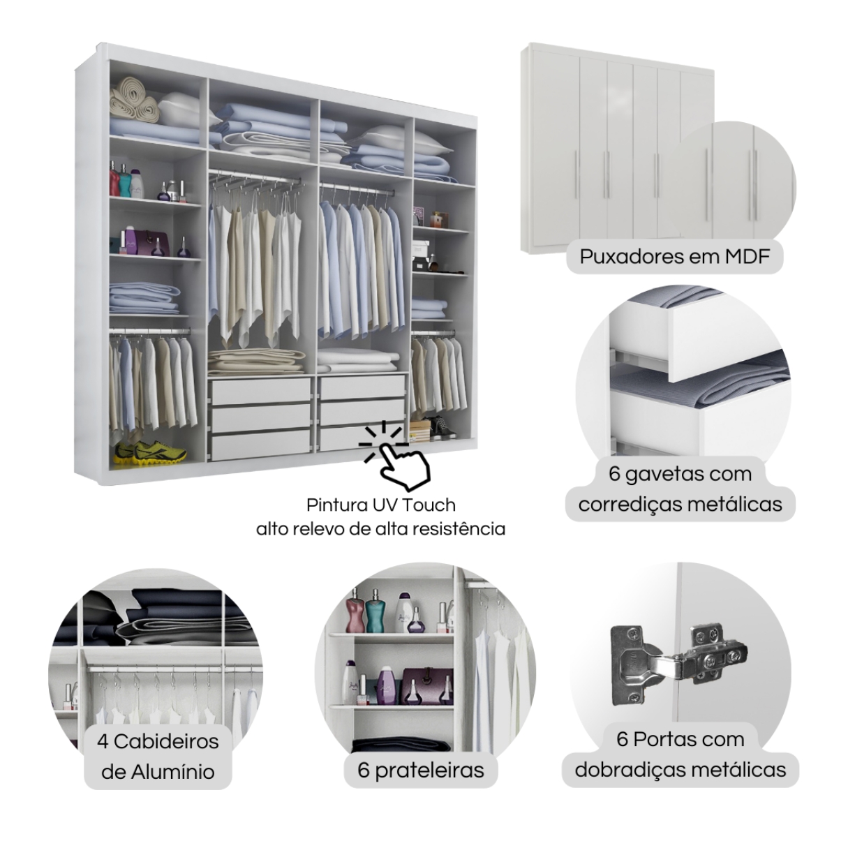 Guarda Roupa Casal Valencia 6 Portas 6 Gav  Branco