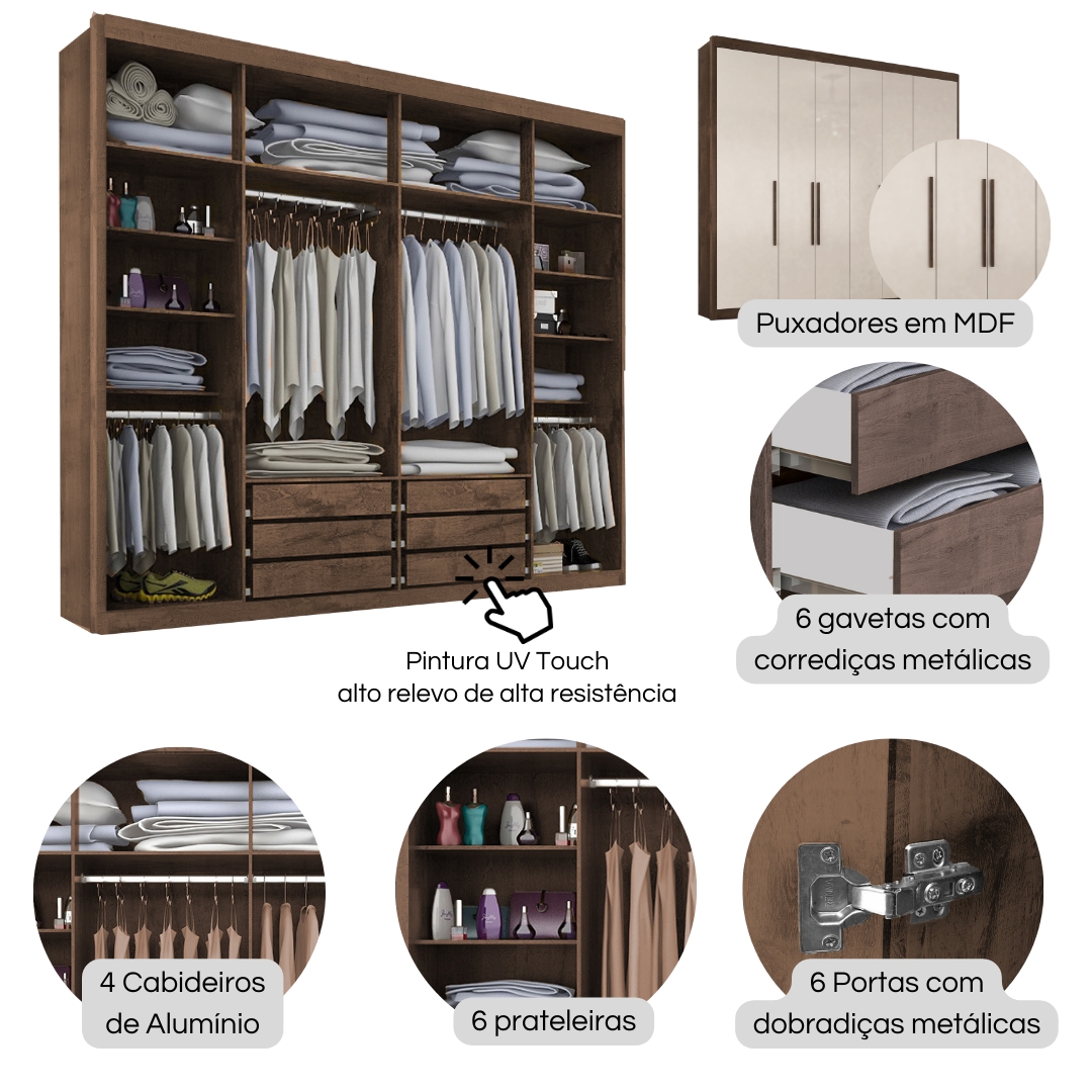 Guarda Roupa Casal Valencia 6 Portas 6 Gav  Chocolate/off White