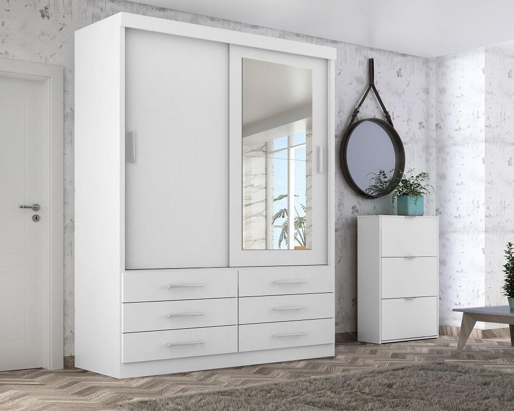 Guarda Roupa Solteiro Capri 2 Portas 6 Gav C/ Espelho  Branco