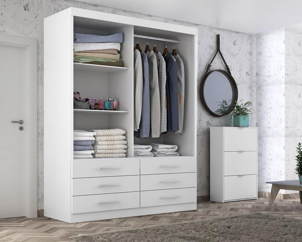 Guarda Roupa Solteiro Capri 2 Portas 6 Gav C/ Espelho  Branco