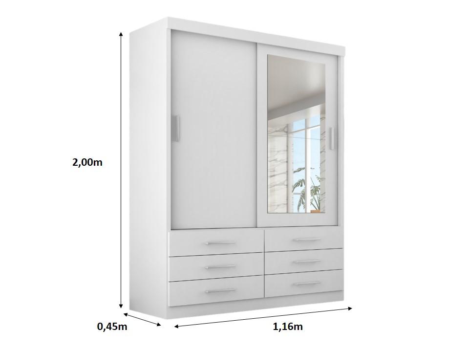 Guarda Roupa Solteiro Capri 2 Portas 6 Gav C/ Espelho  Branco