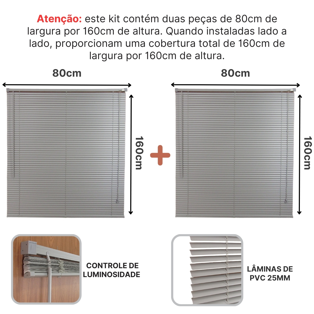 Persiana Horizontal PVC BLOCK 160larg x 160alt Cinza (2 pçs)