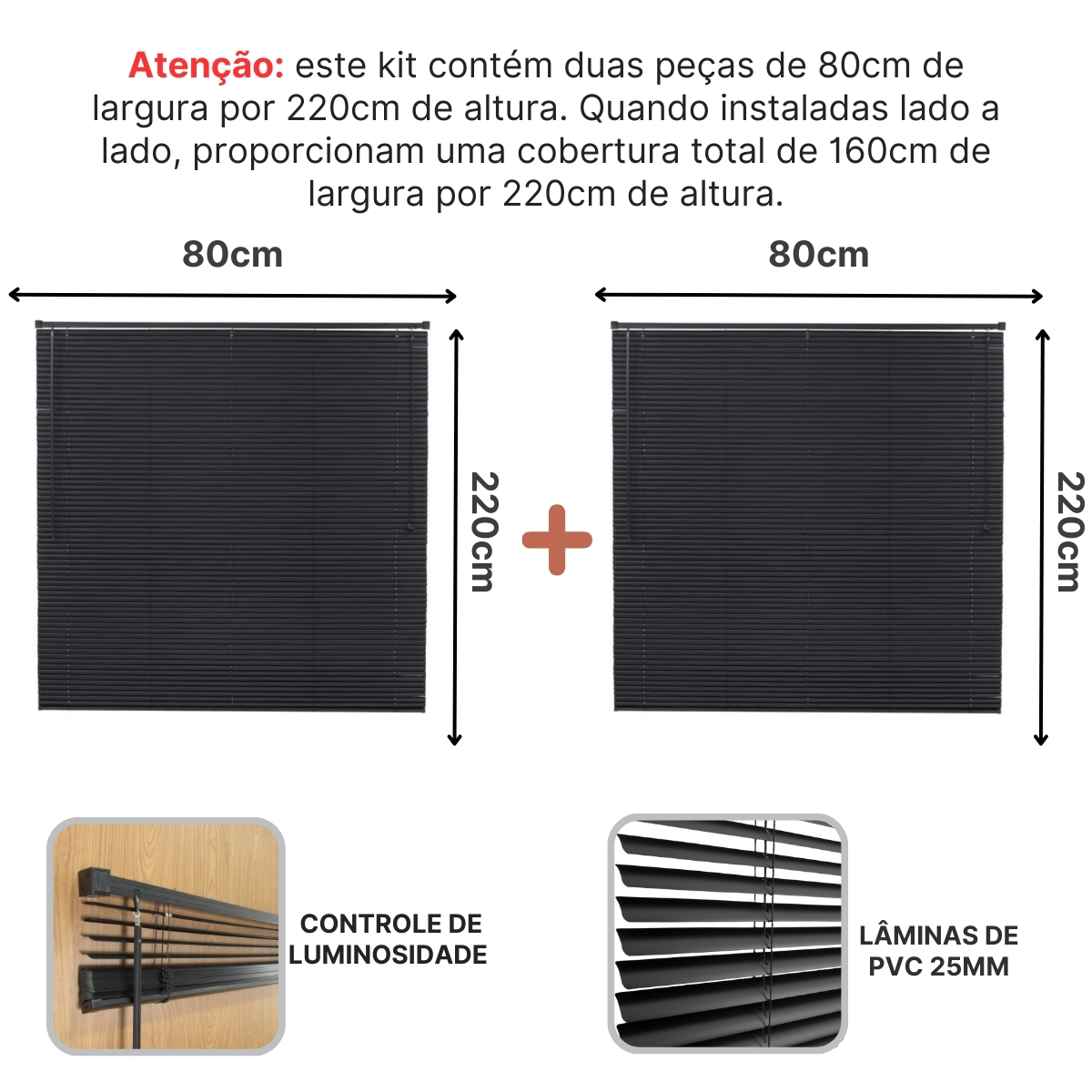 Persiana Horizontal PVC BLOCK 160larg x 220alt Preta (2 pçs)