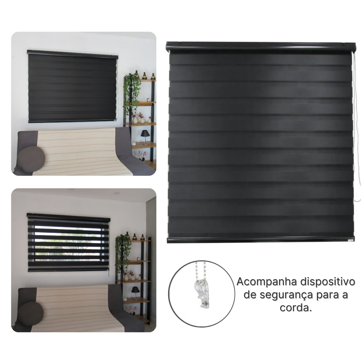 Persiana Rolo Double Vision Zebra 120larg x 160alt Preta c/ bando