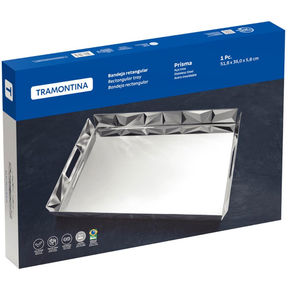 Bandeja Tramontina Prisma em Aço Inox para Café da Manhã Mesa de Centro Decorativa Retangular