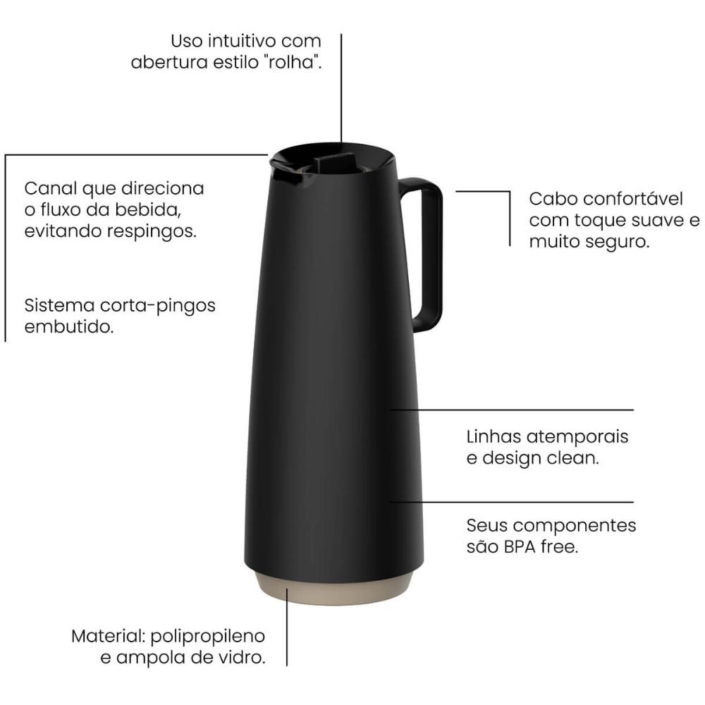 Bule Térmico Tramontina Exata 1L Garrafa Térmica Preta para Café Chá Água com Ampola de Vidro