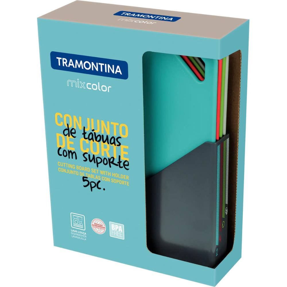 Conjunto de Tábuas de Corte Tramontina Mixcolor com Suporte Cozinha 5pçs Coloridas Plástico