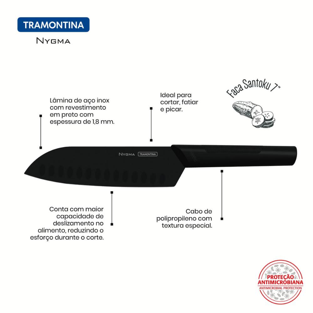 Faca Santoku Tramontina Nygma 7' Inox Preta para Cortar Legumes Temperos Cabo Polipropileno