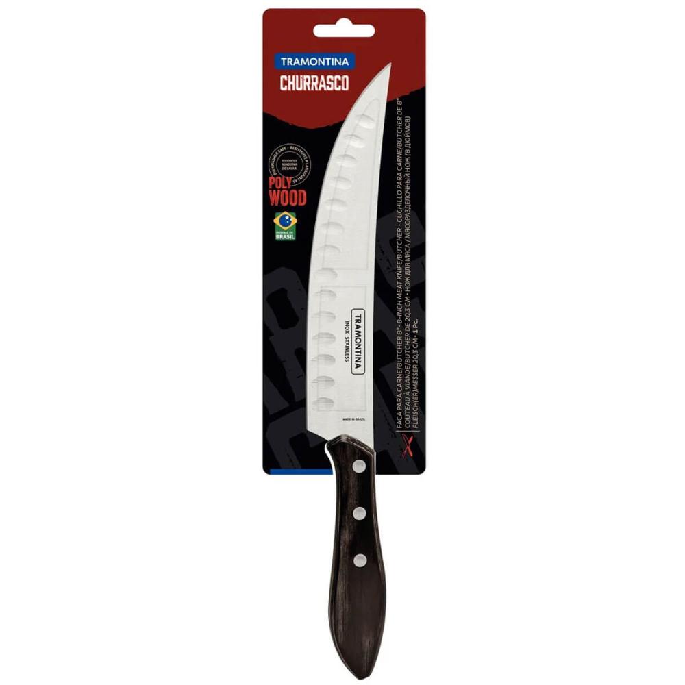 Faca para Carne Butcher 8' Tramontina em Aço Inox e Cabo em Madeira Polywood Castanho