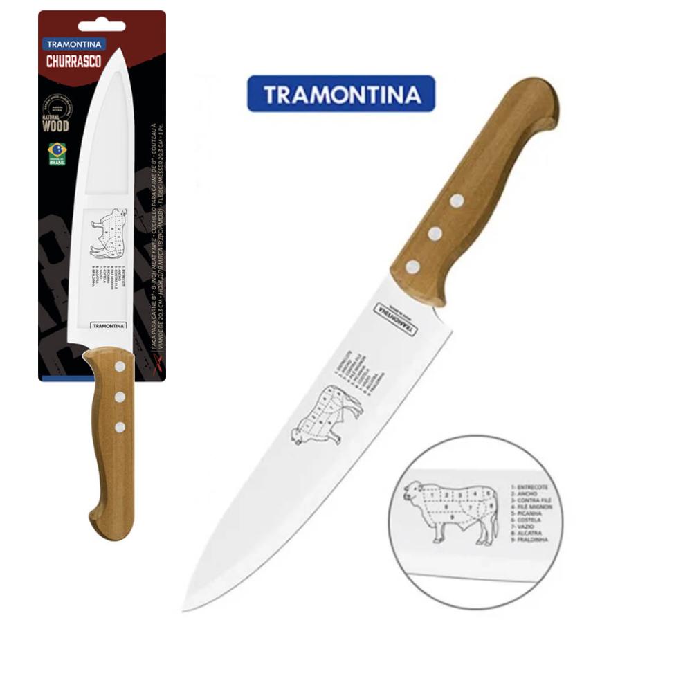 Faca para Churrasco Carne Tramontina 8' com Lâmina em Aço Inox e Cabo de Madeira Natural