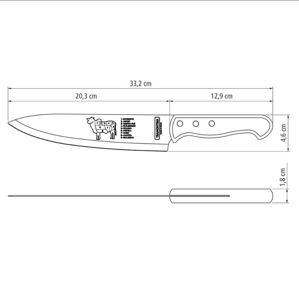 Faca para Churrasco Carne Tramontina 8' com Lâmina em Aço Inox e Cabo de Madeira Natural