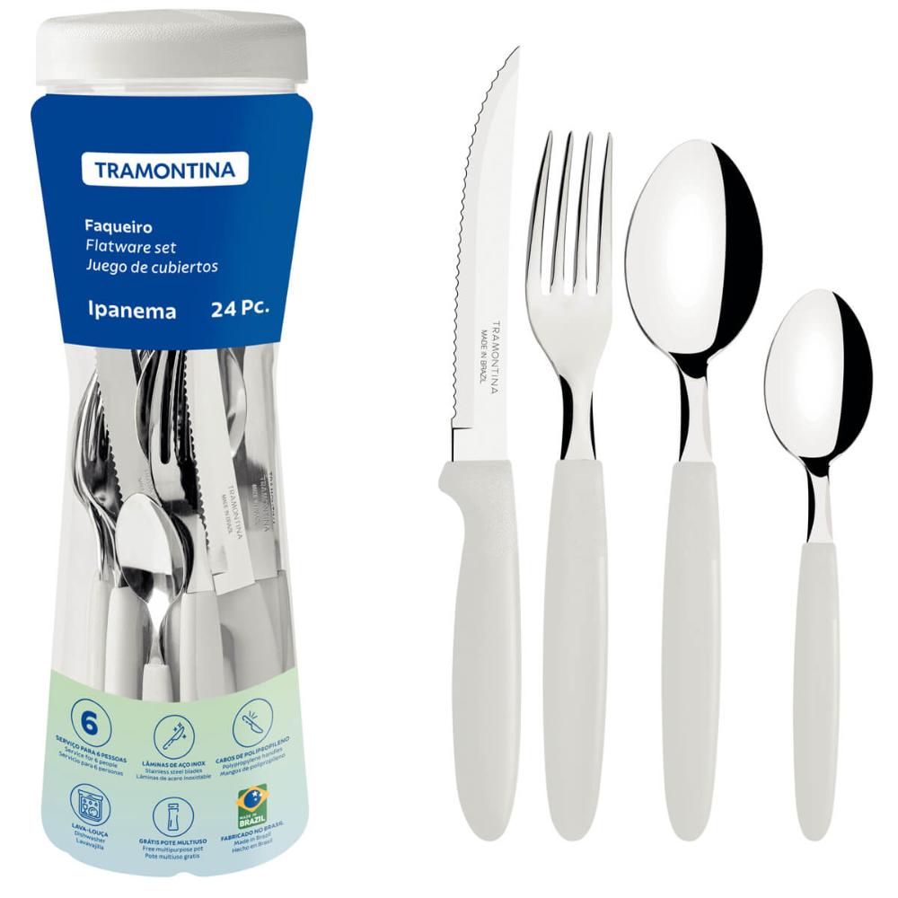 Faqueiro Tramontina Ipanema 24 Peças Branco Aço Inox Plástico com Pote Multiuso