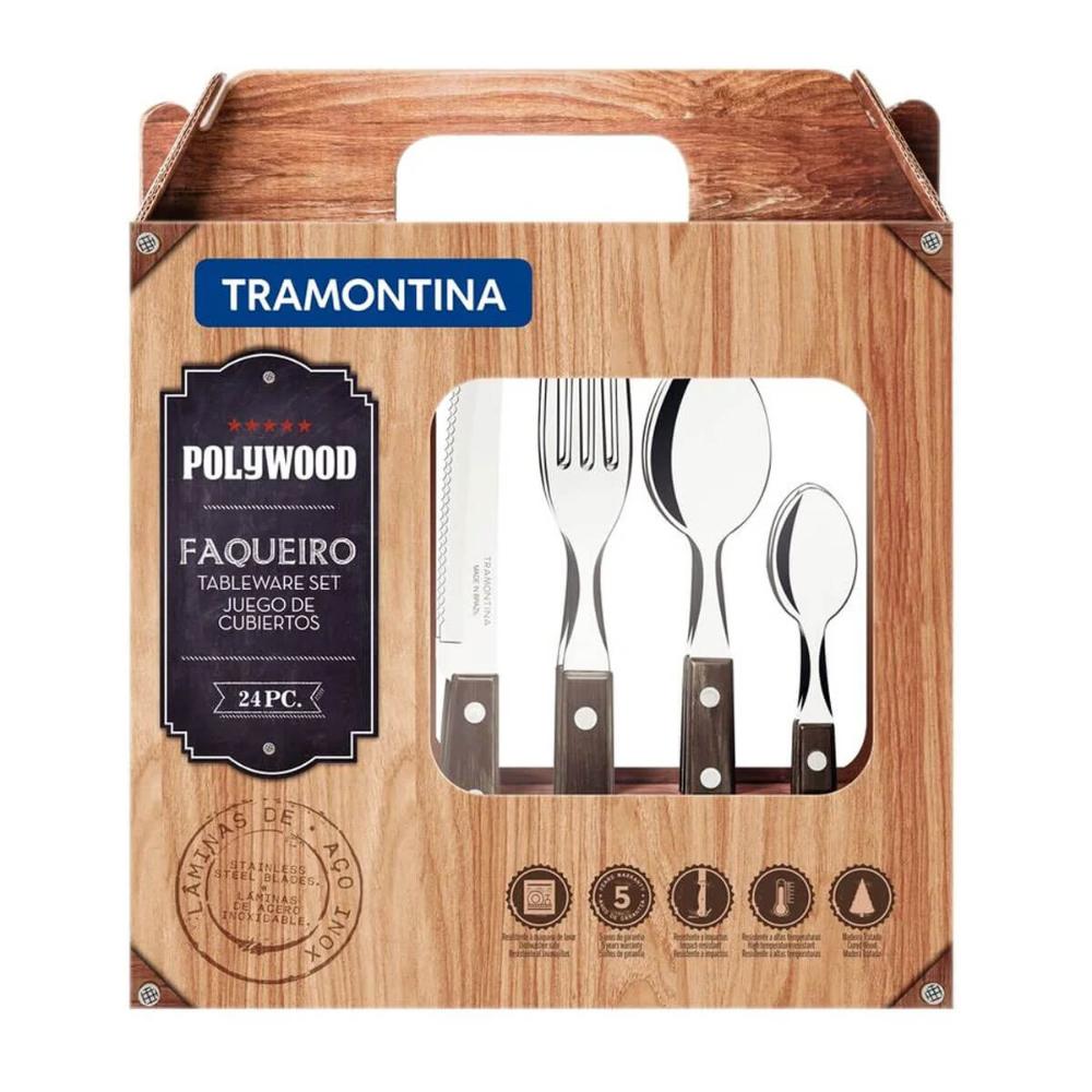 Faqueiro Tramontina Polywood com Lâminas em Aço Inox e Cabos de Madeira Tratada Castanho 24 Peças