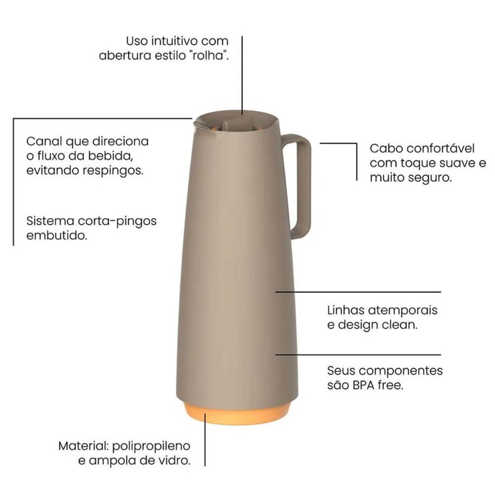 Garrafa Térmica 1L em Plástico com Ampola de Vidro Bule Térmico Tramontina Bege