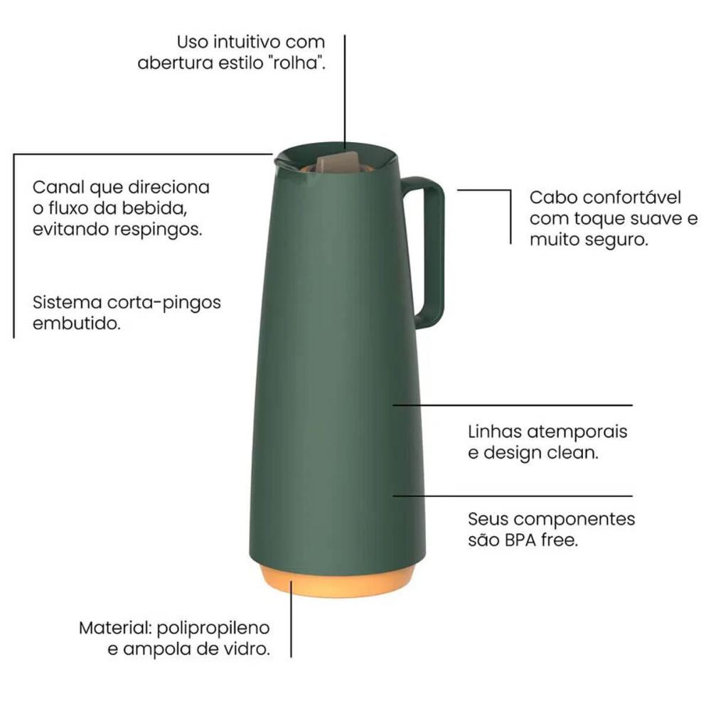 Garrafa Térmica 1L em Plástico com Ampola de Vidro Bule Térmico Tramontina Verde