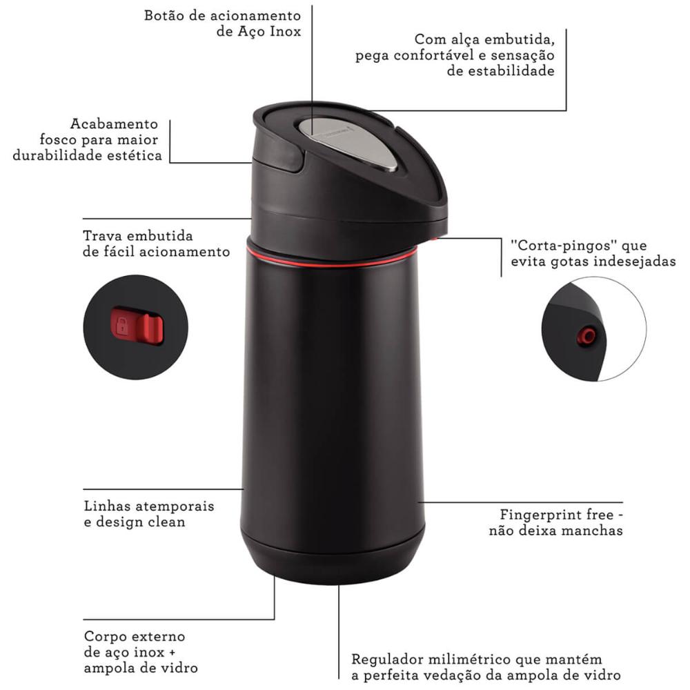 Garrafa Térmica Tramontina Exata Aço Inox Preto 1,2L para Ág