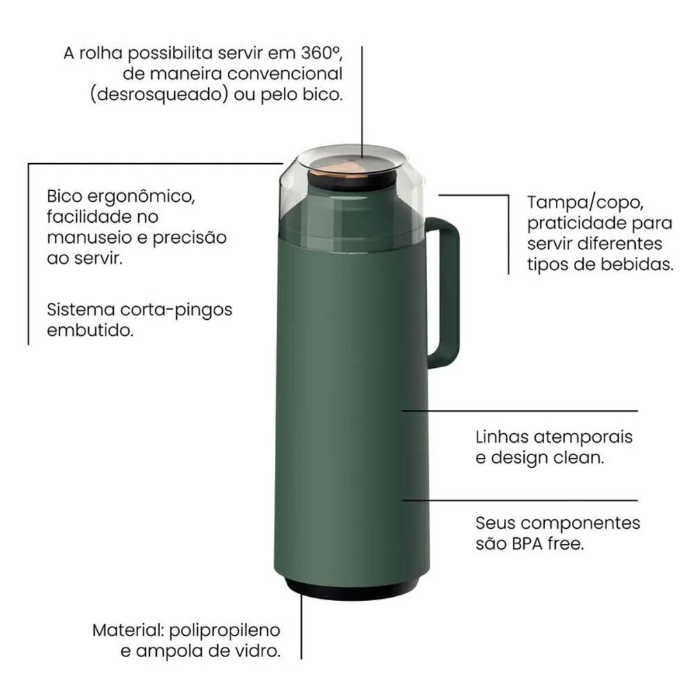 Garrafa Térmica com Sistema Corta Pingos 1L Tramontina em Plástico com Ampola de Vidro Verde