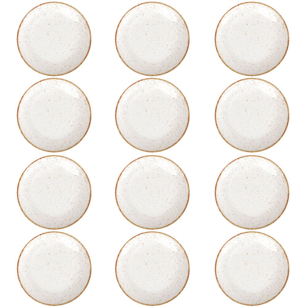 Jogo 12 Pratos Rústicos Tramontina Rasos Marrom em Porcelana 28cm Decorado