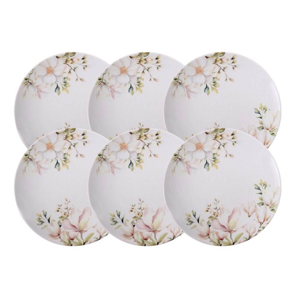 Jogo 6 Pratos Rasos Porcelana Decorada 28cm Tramontina Magnólia Mesa Posta Eventos