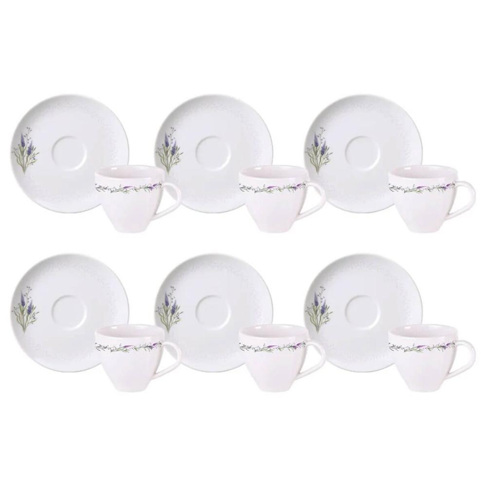 Jogo 6 Xícaras de Café com Pires Porcelana 100ml Tramontina Lilla Branca Decorada