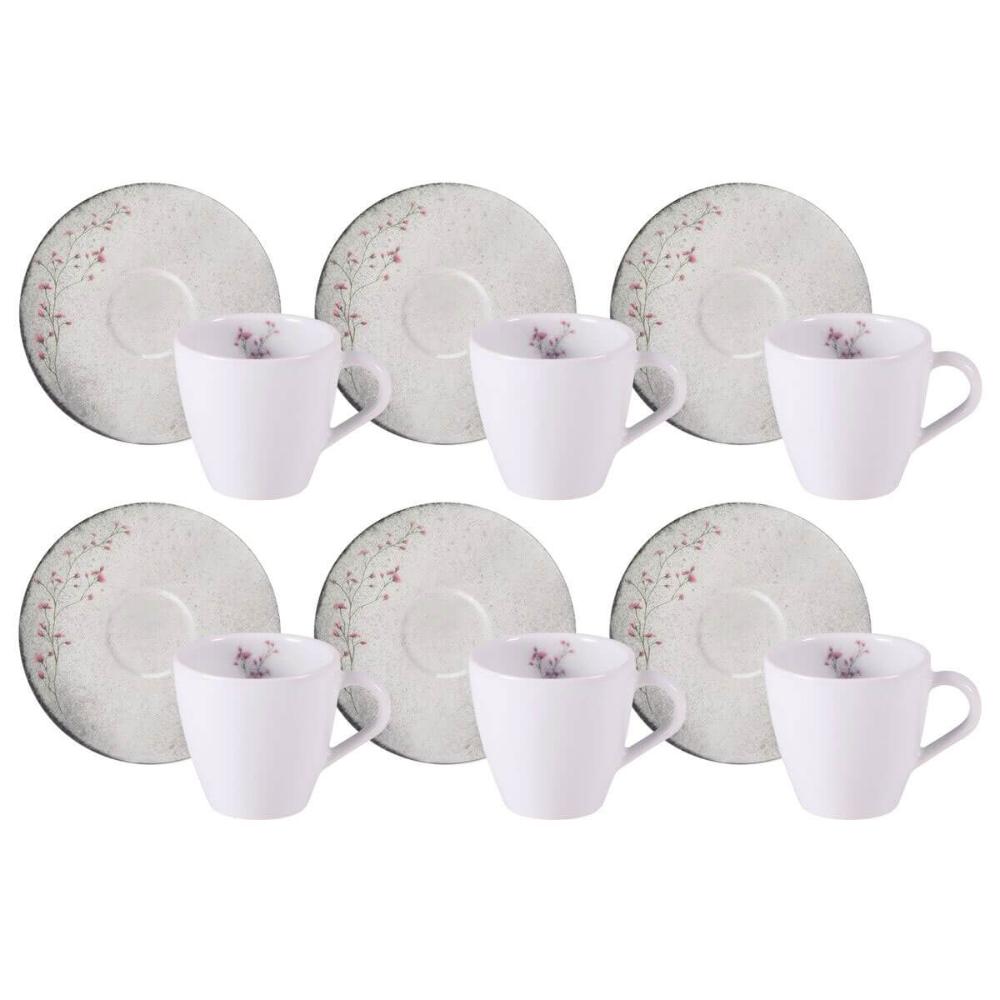 Jogo 6 Xícaras de Chá com Pires 200ml Porcelana Decorada Tramontina Floralis Mesa Posta