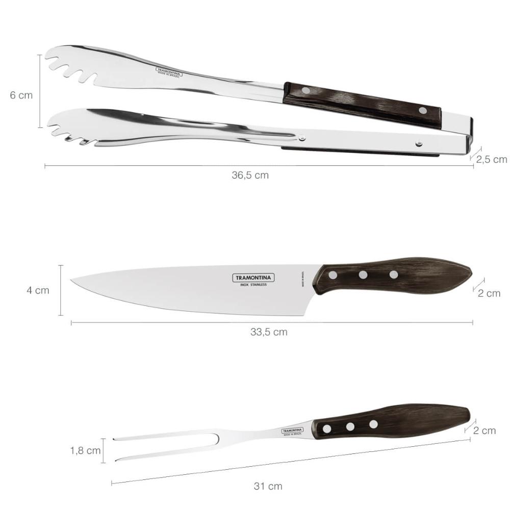 Jogo Churrasco Aço Inox Barbecue 3 peças Polywood Tramontina