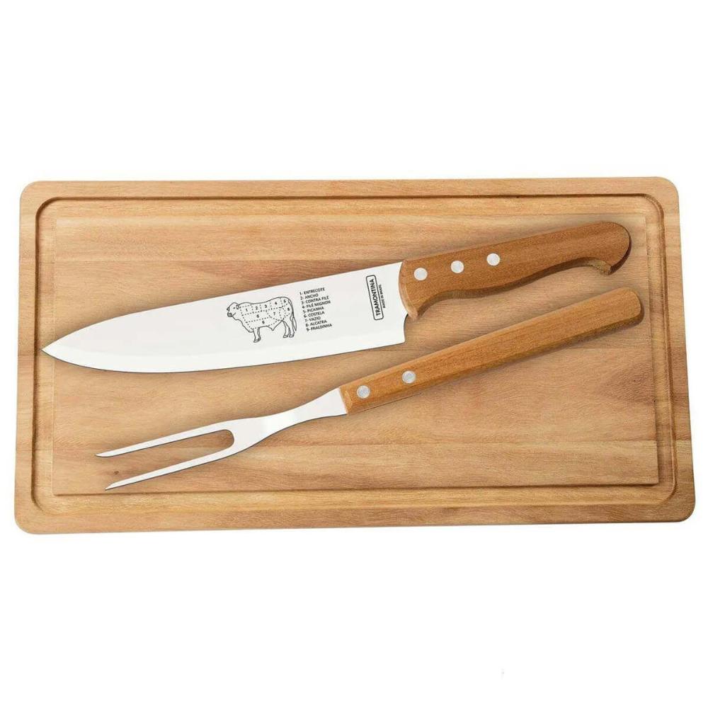 Jogo Tramontina Garfo Trinchante e Faca 8'' Churrasco Inox Cabo Madeira Natural 2 Peças