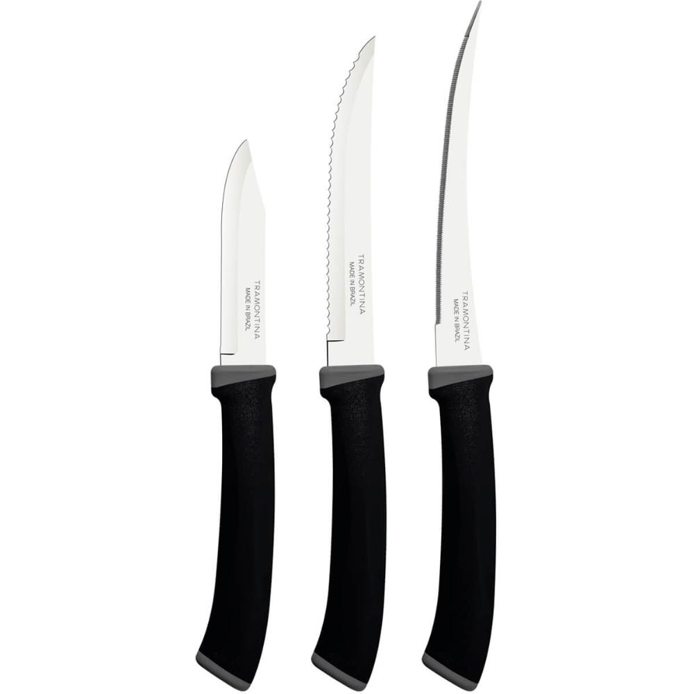Jogo de 3 Facas Tramontina Felice Legumes Tomate Preto Aço Inox Cozinha Churrasco
