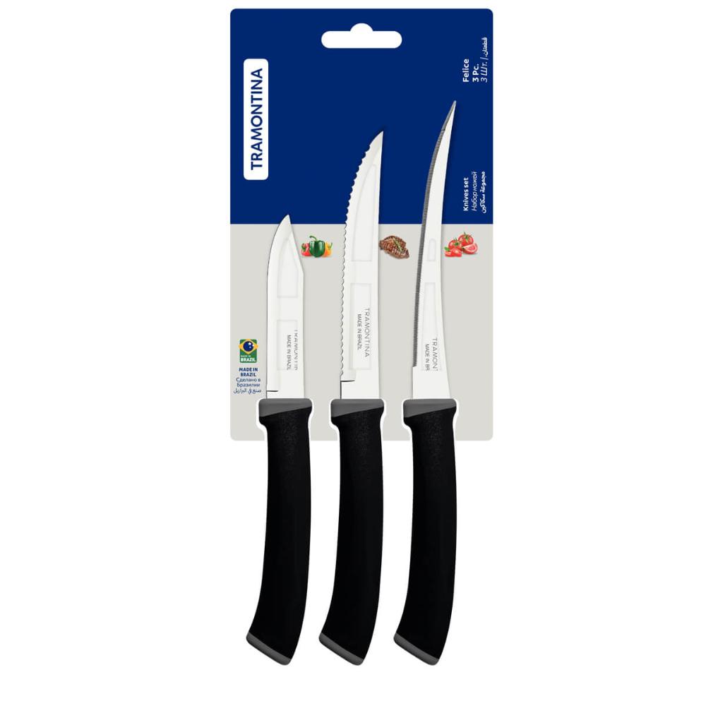 Jogo de 3 Facas Tramontina Felice Legumes Tomate Preto Aço Inox Cozinha Churrasco