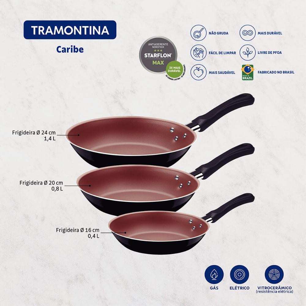 Jogo de 3 Frigideiras Tramontina Caribe Antiaderente Starflon Max Externo Poliéster Preto