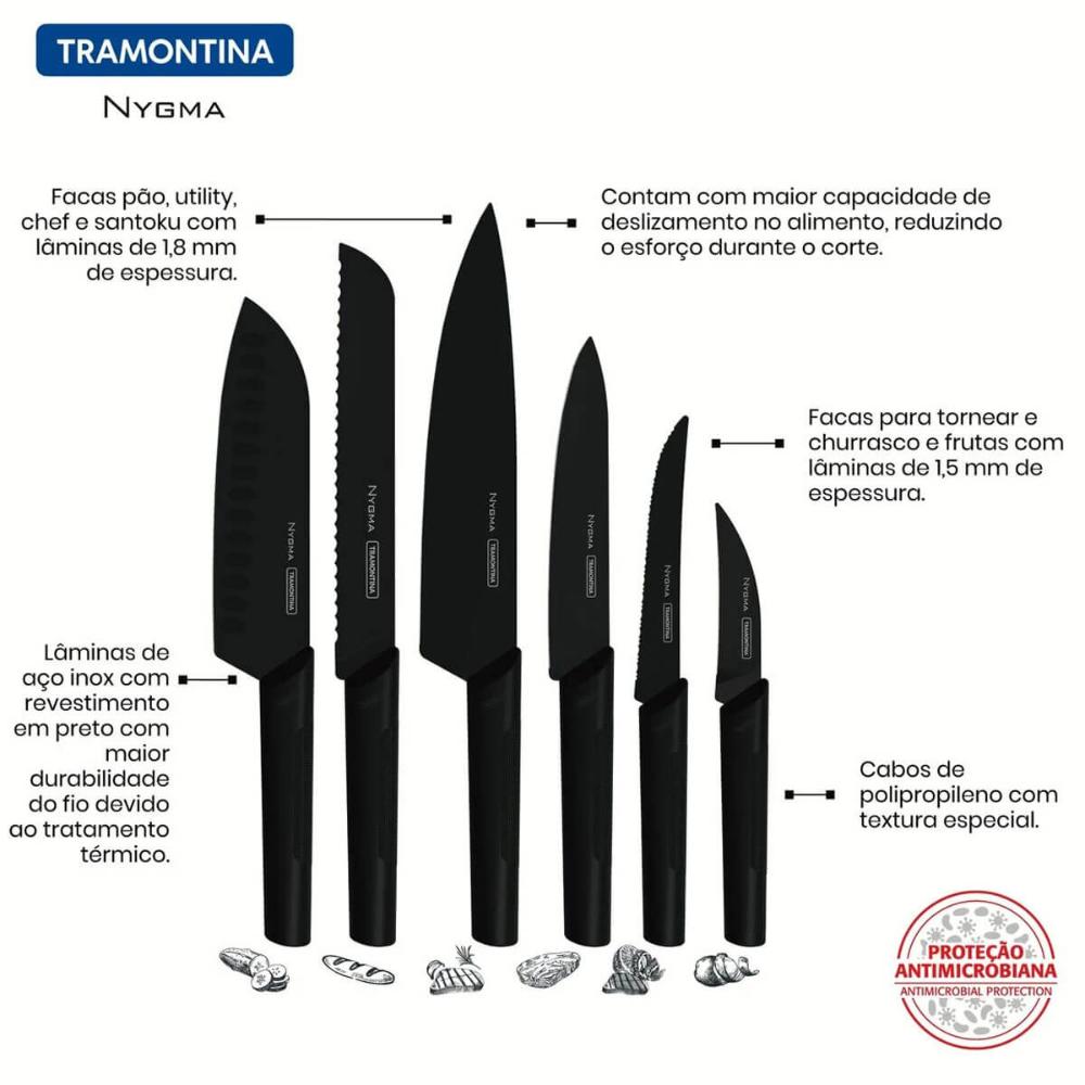 Jogo de Facas Tramontina Nygma Conjunto Aço Inox Cabo Polipropileno 6 Peças Preto