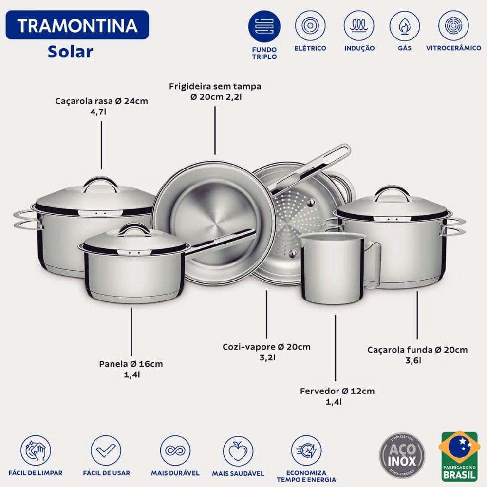 Jogo de Panelas Solar Tramontina 6 Peças Fundo Triplo e Tampa em Aço Inox