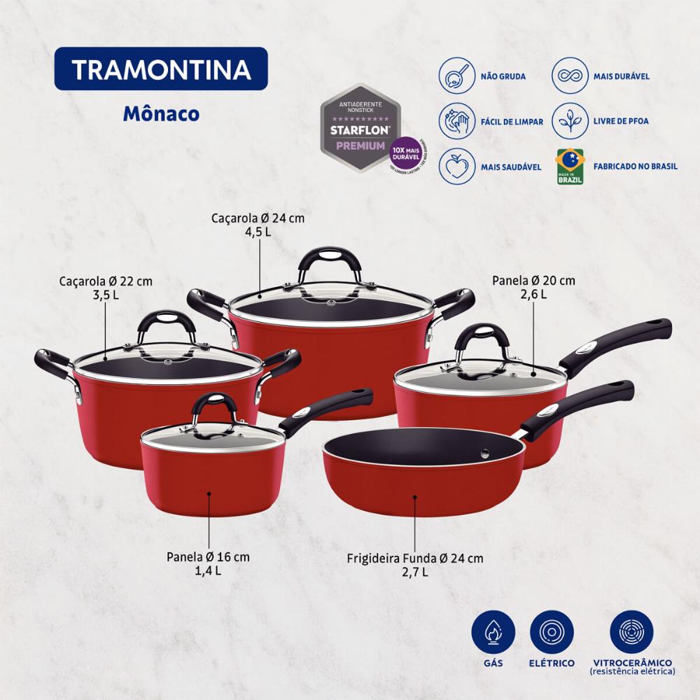 Jogo de Panelas Tramontina Mônaco Vermelho 5pçs Revestimento Starflon Premium e Siliconado