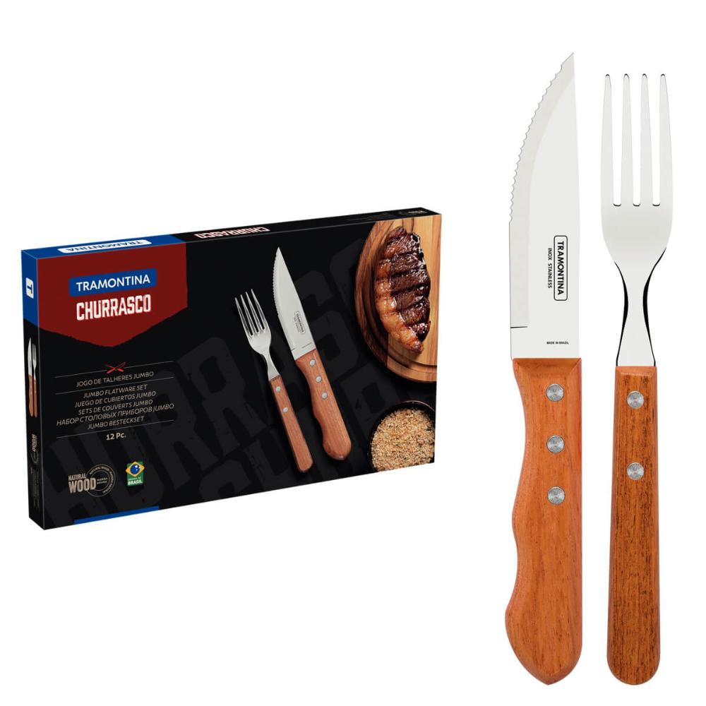 Jogo de Talheres Churrasco Faqueiro Tramontina Dynamic Aço Inox e Madeira Natural 12 Peças