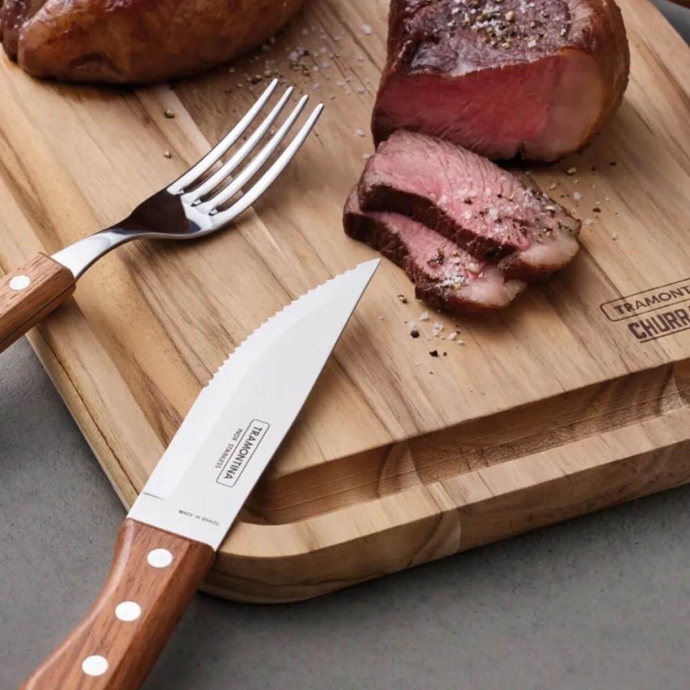 Jogo de Talheres Churrasco Faqueiro Tramontina Dynamic Aço Inox e Madeira Natural 12 Peças