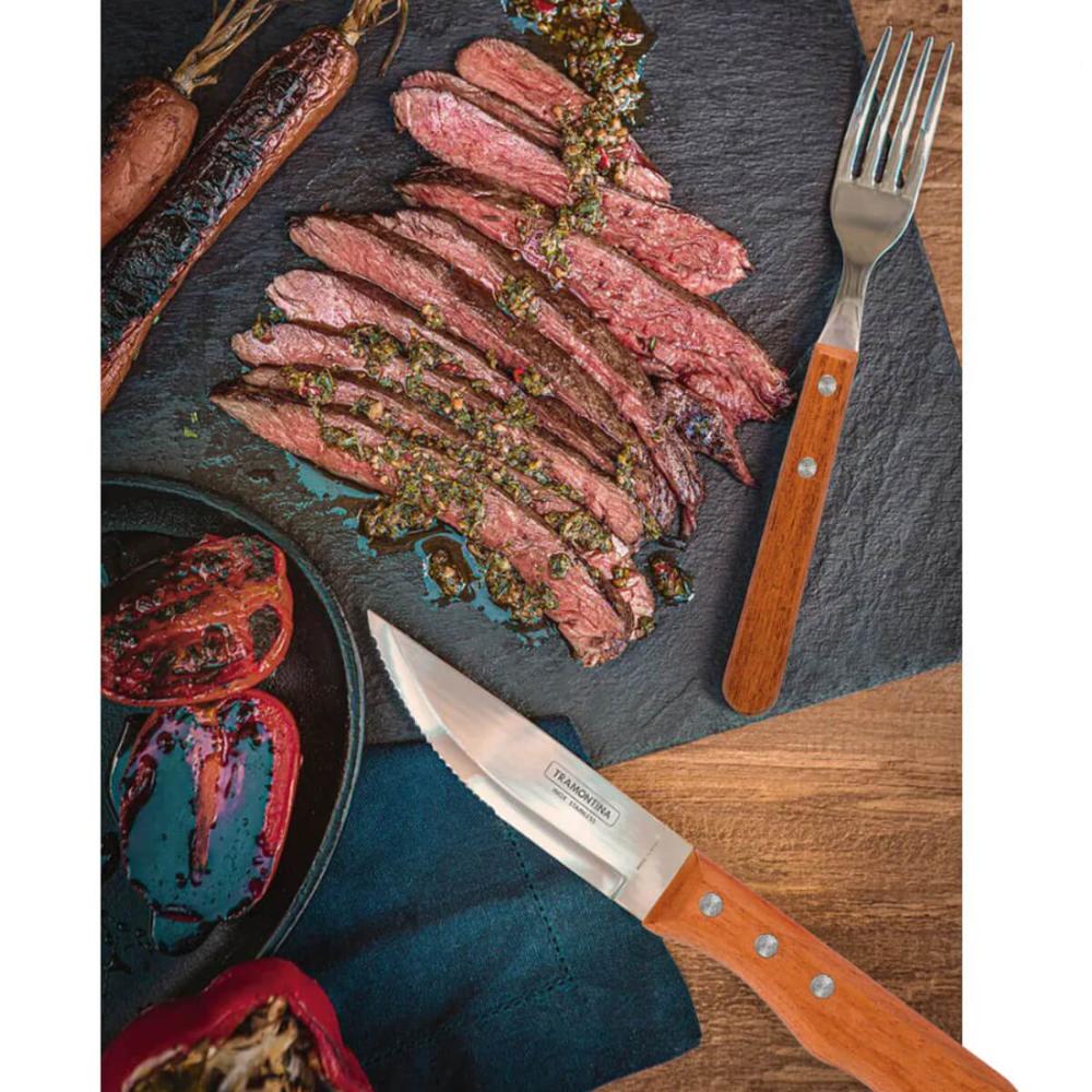 Jogo de Talheres Churrasco Faqueiro Tramontina Dynamic Aço Inox e Madeira Natural 12 Peças