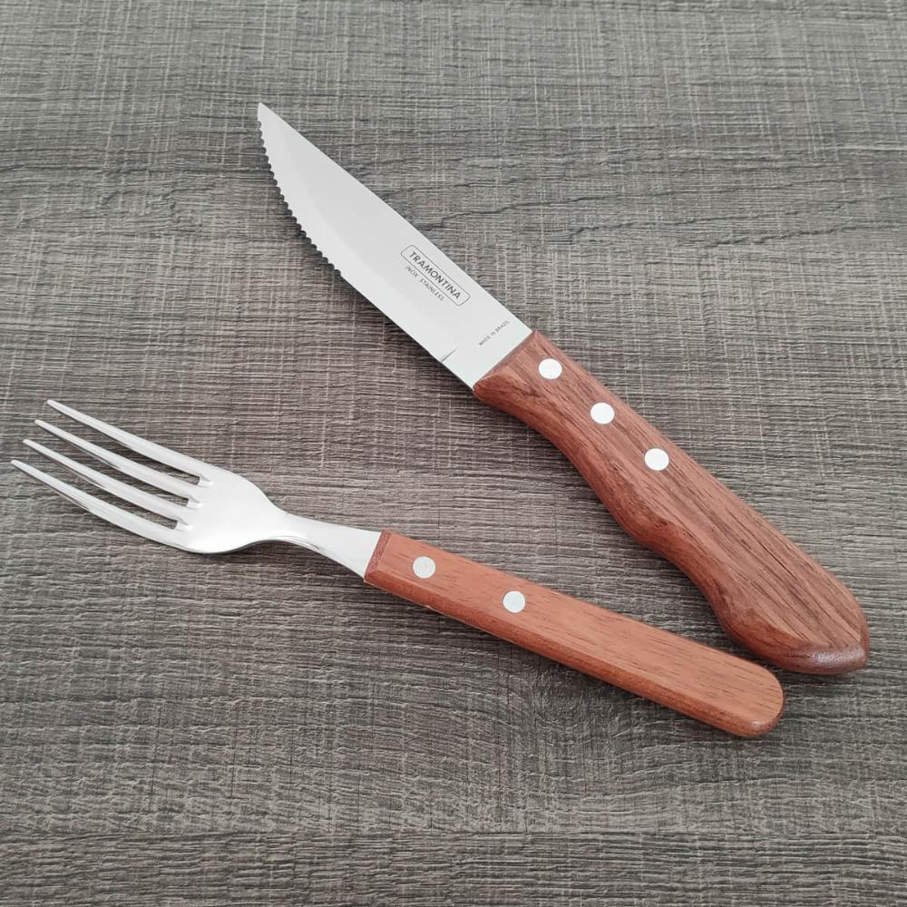 Jogo de Talheres Churrasco Faqueiro Tramontina Dynamic Aço Inox e Madeira Natural 12 Peças