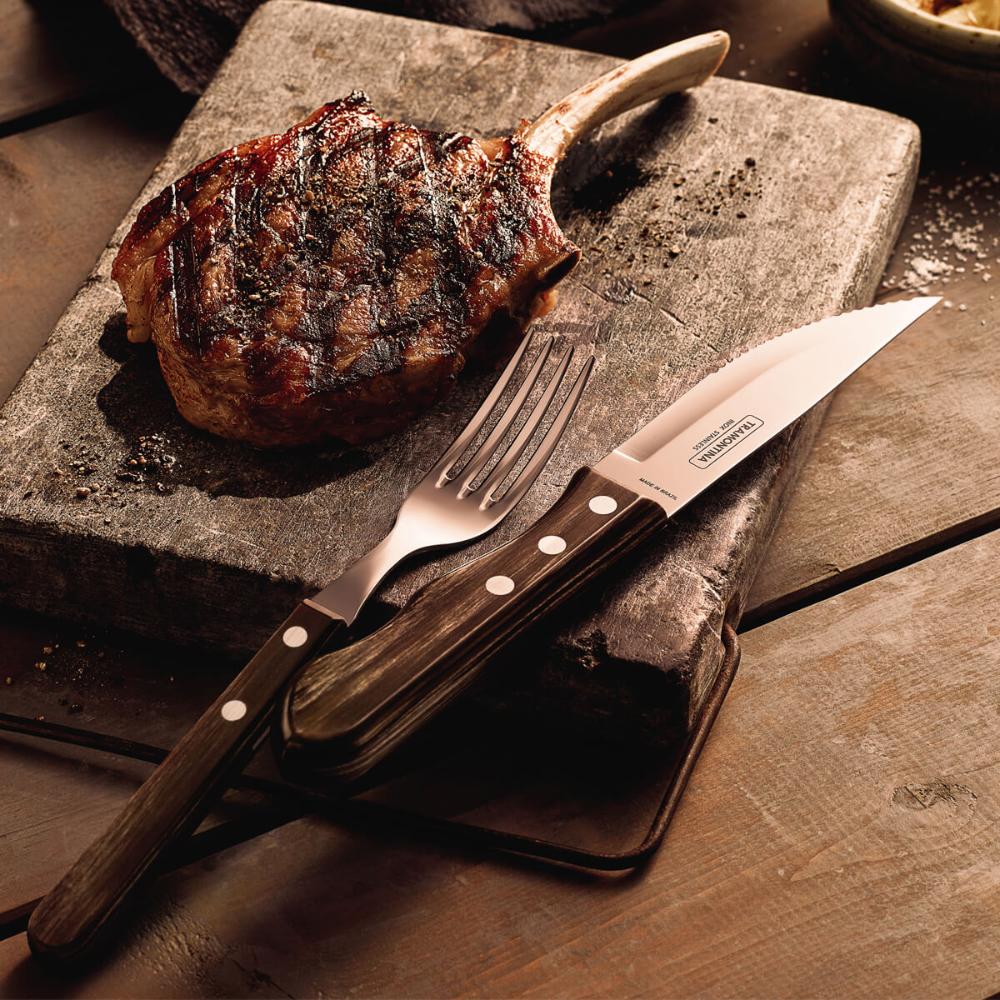Jogo de Talheres para Churrasco Jumbo Tramontina 12 Peças em Aço Inox Cabo Castanho Polywood
