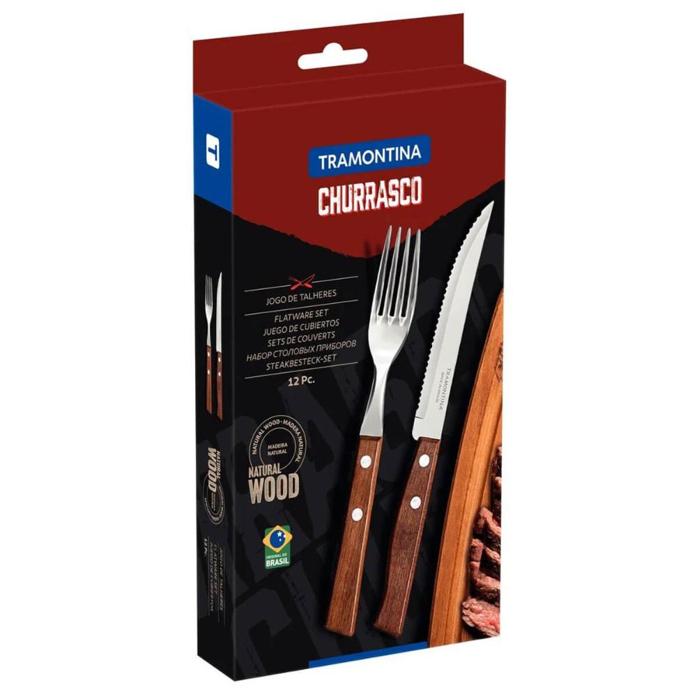 Jogo de Talheres para Churrasco Tramontina em Aço Inox e Madeira Natural 12 Peças