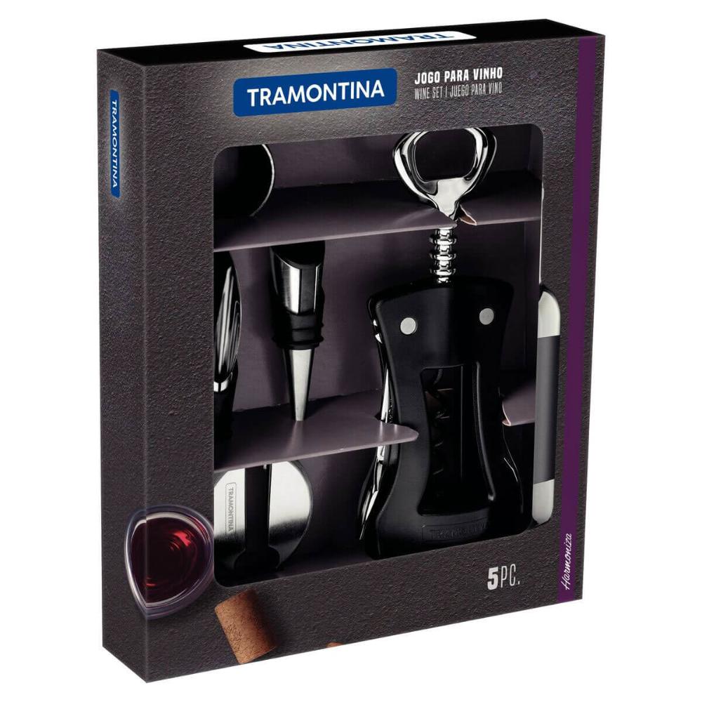 Jogo para Vinhos Tramontina Harmoniza Aço Inox Preto Saca Rolhas Tampa Corta Gotas